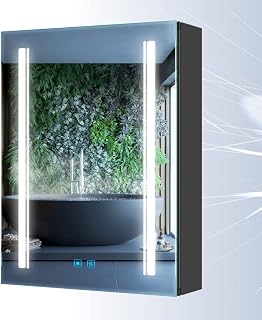 Tokvon® Rivulet BLACK bathroom mirror cabinet Wall Mount Aluminum Double-sided LED mirror door & shaver socket 3 adjustable color temperature & demister 500 x 700mm…