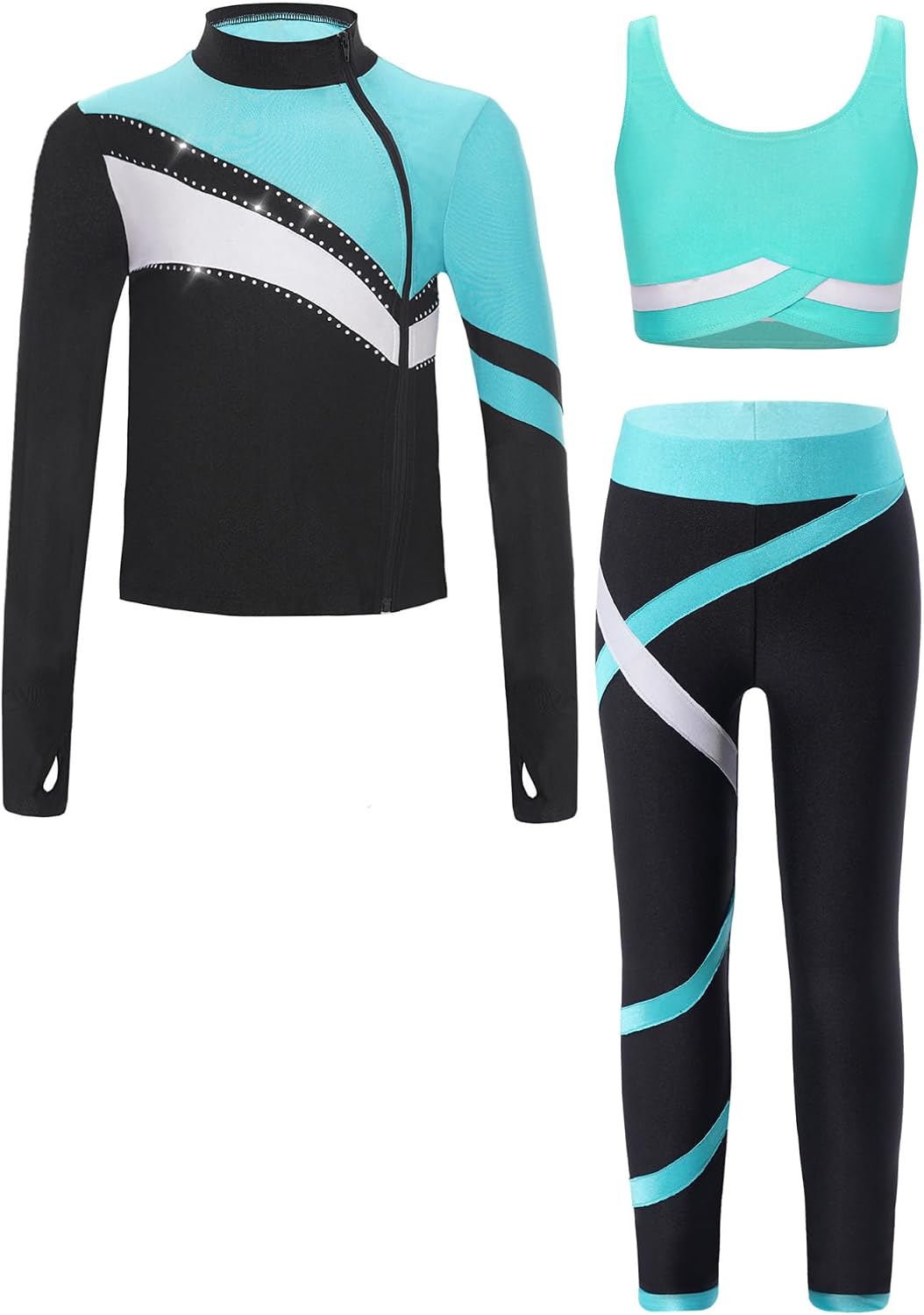 YiZYiF Kids Girls 3Pcs Figure Skating Gymnastics Dance Outfits Long Sleeve Side Zip Up Jacket Tank Tops with Leggings Set