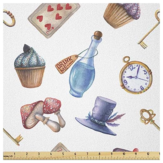 Lunarable Alice in Wonderland Fabric by The Yard, Cupcakes Mushrooms and Bottles Hanging in Sky Dessert Print, Stretch Knit Fabric for Clothing Sewing and Arts Crafts, 1 Yard, Blue Red