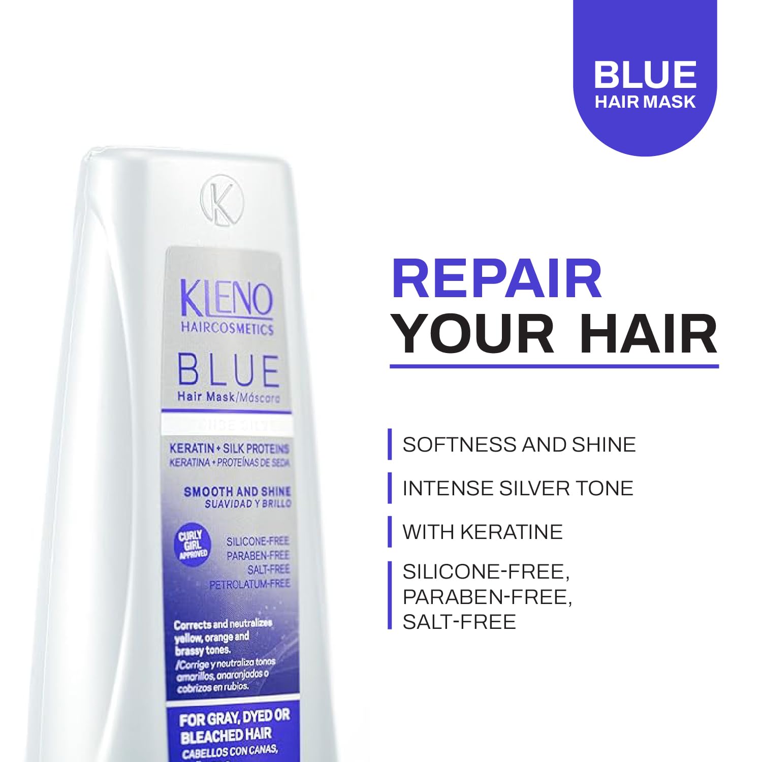 Blue Silver Intense Hair Mask - Keratin & Silk Protein, Deep Conditioning, Neutralizes Yellow and Brassy Tones, Hydration, Shine, Unisex Formula, 6.76 fl oz Bottle - Image 3