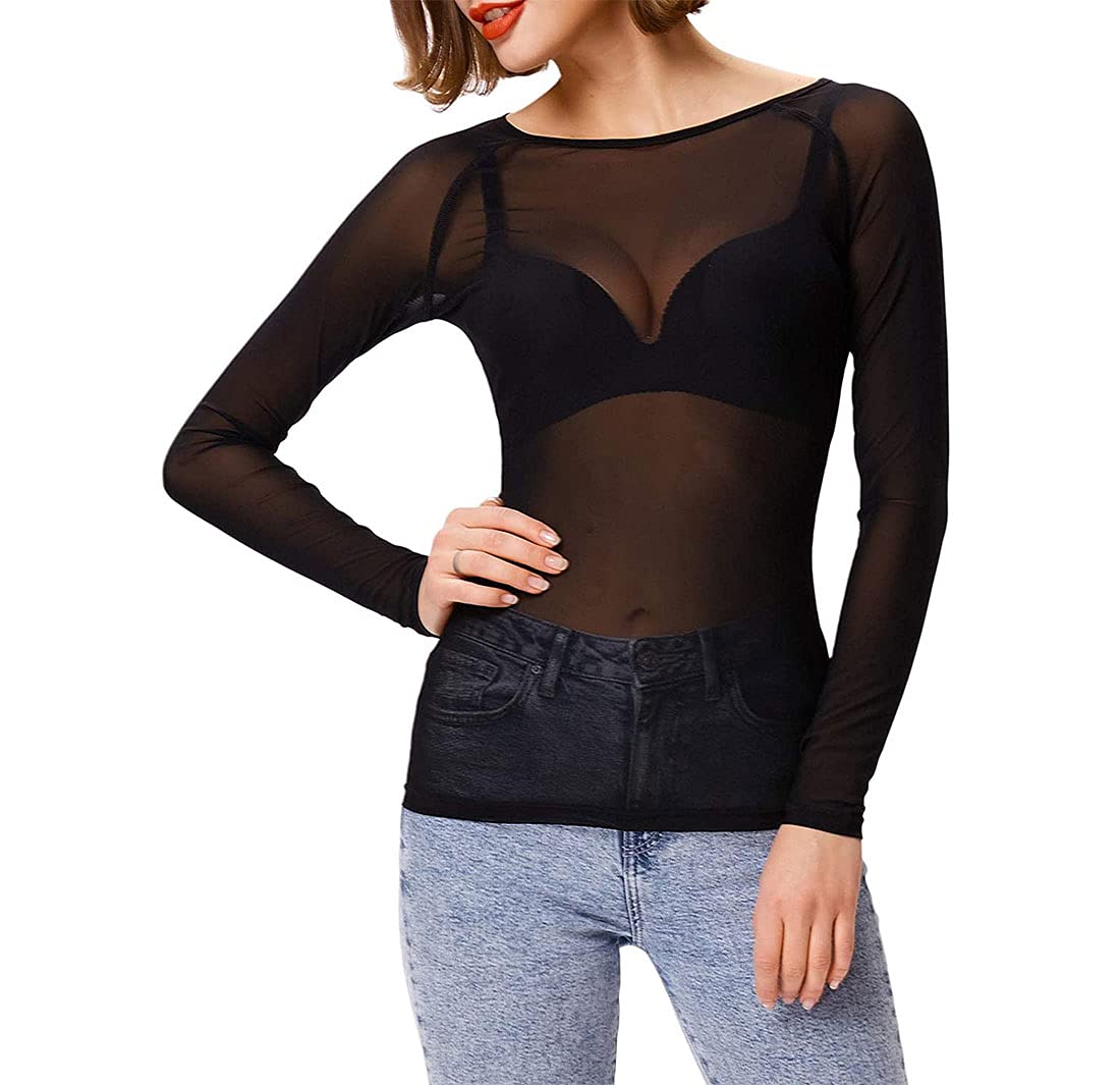 Fairy Trendz Ltd Women's Black Long Sleeve Sheer Mesh Top Round Neck See Through Summer Shirt Top ( Uk 20-22)