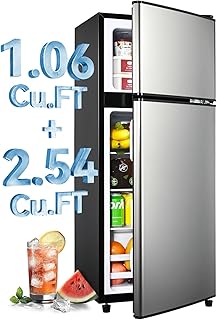 3.6 Cu.Ft Fridge with Freezer, Double Door Refrigerator with 6 Level Thermostat, LED Light, Adjustable Glass Shelves for Bedroom, Office, Dorm, Apartment, Silver