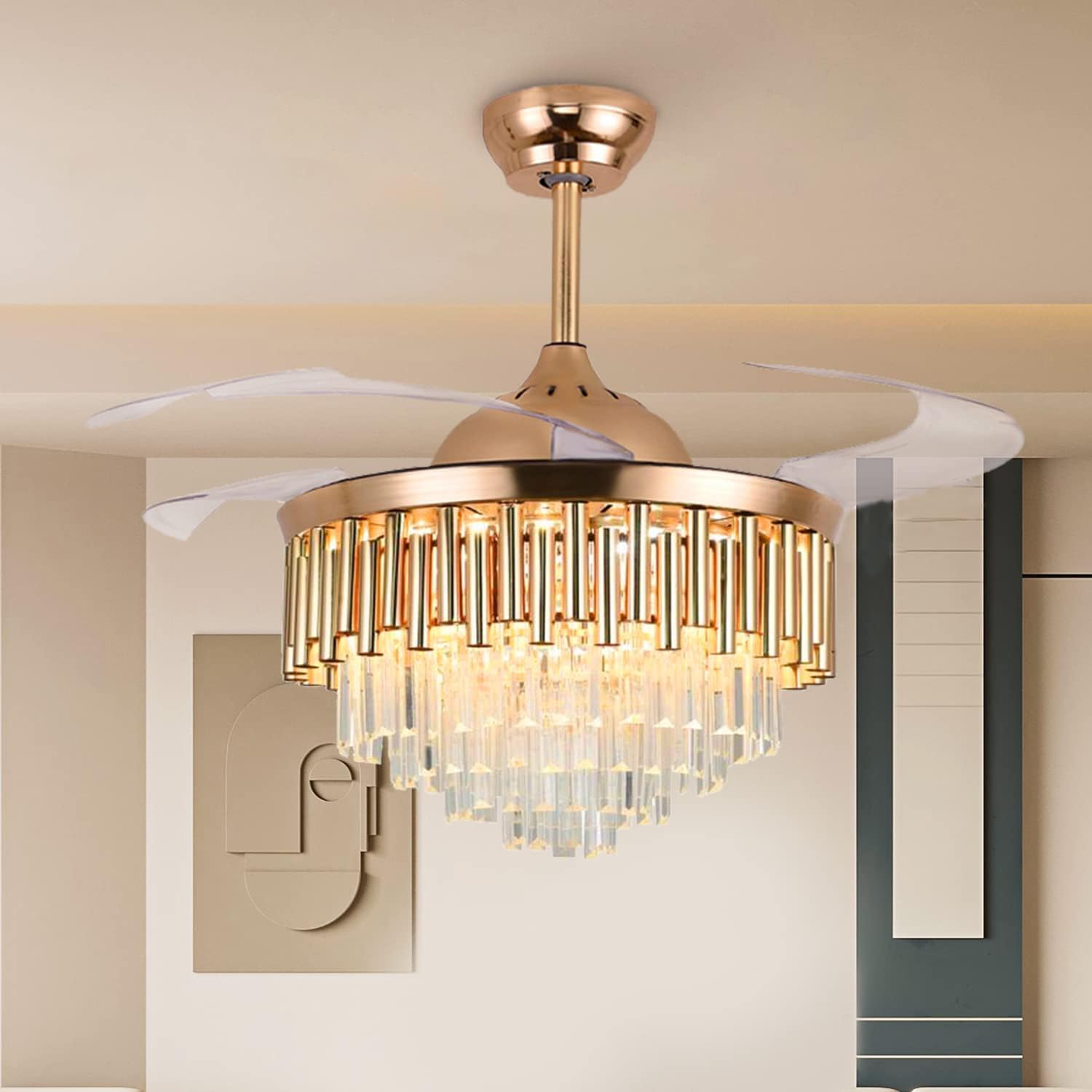 MORE CHANGE 42" Crystal Fandaliers Ceiling Fan with Lights Retractable Blades Remote Control Modern Chandelier Fan 3 Speeds 3 Color Changes Lighting Fixtures, Silent Motor with LED Kits