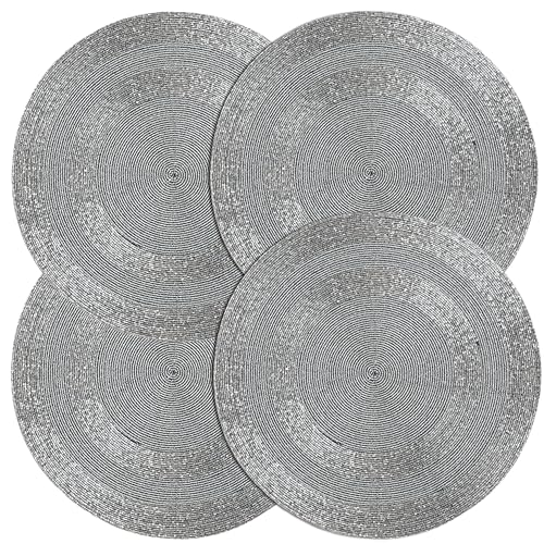 Handmade Beaded Placemats - Round Place Mat Non-Slip Indoor Outdoor Place Mats for Thanksgiving, Christmas Easter- Decorative, Scratch-Proof for Kitchen, Event Use Set of 4 (Grey) - CLEENTABLE by CLEENTABLE - Used condition - US$12.86