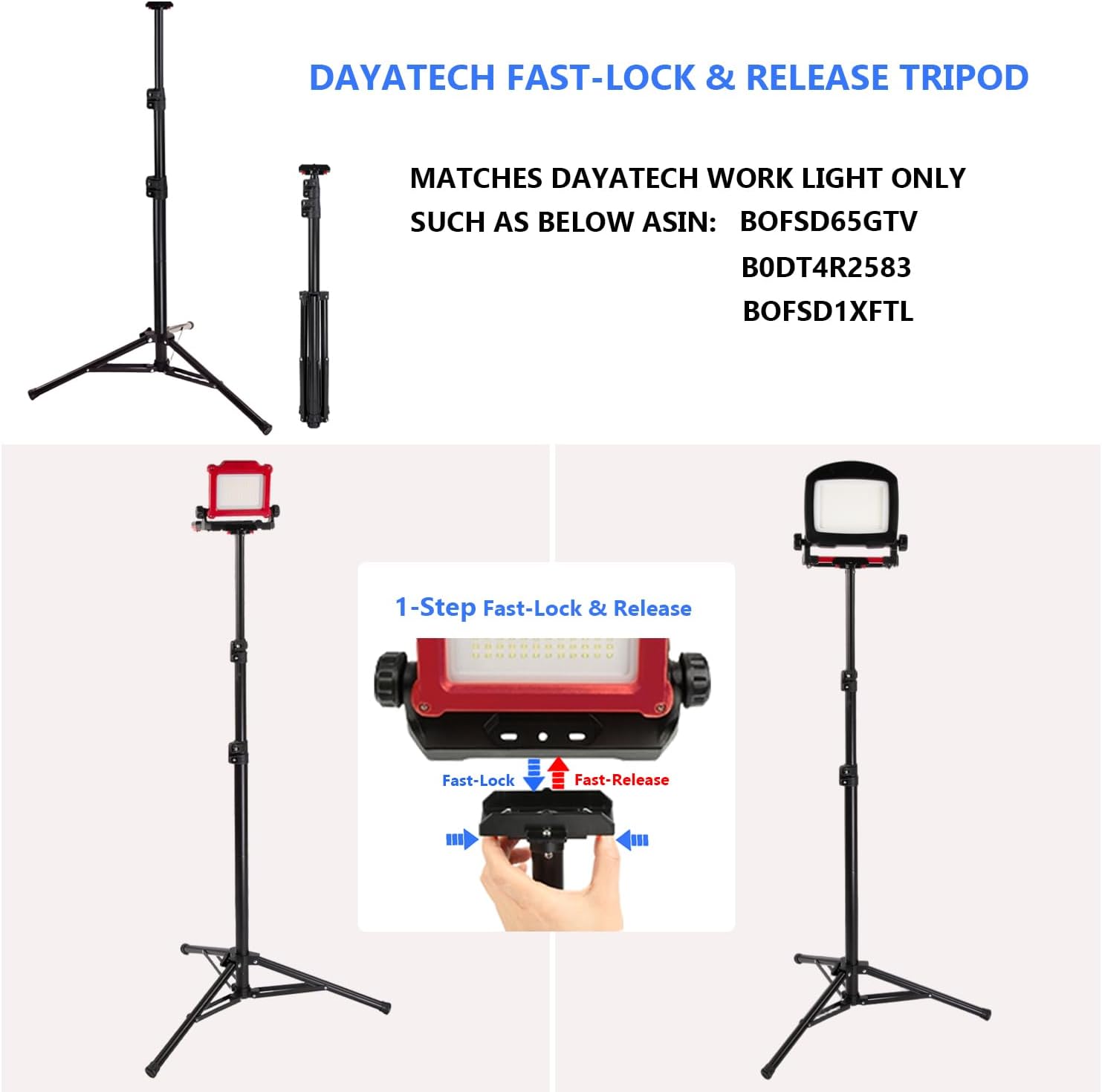 Adjustable Work Light Tripod Stand, Foldable Heavy Duty Steel Tripod, 35-55 Inch Height, Quick Release Mount, Black