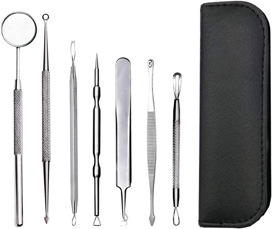 Blackhead Remover Tools, 7 Pcs Comedone Pimple Extractor Tool Kit, Acne Zit Removal Kits, Best Treatment for Blemish, Whitehead Popper with Stainless Steel Curved Tweezers, Needles and Mirror