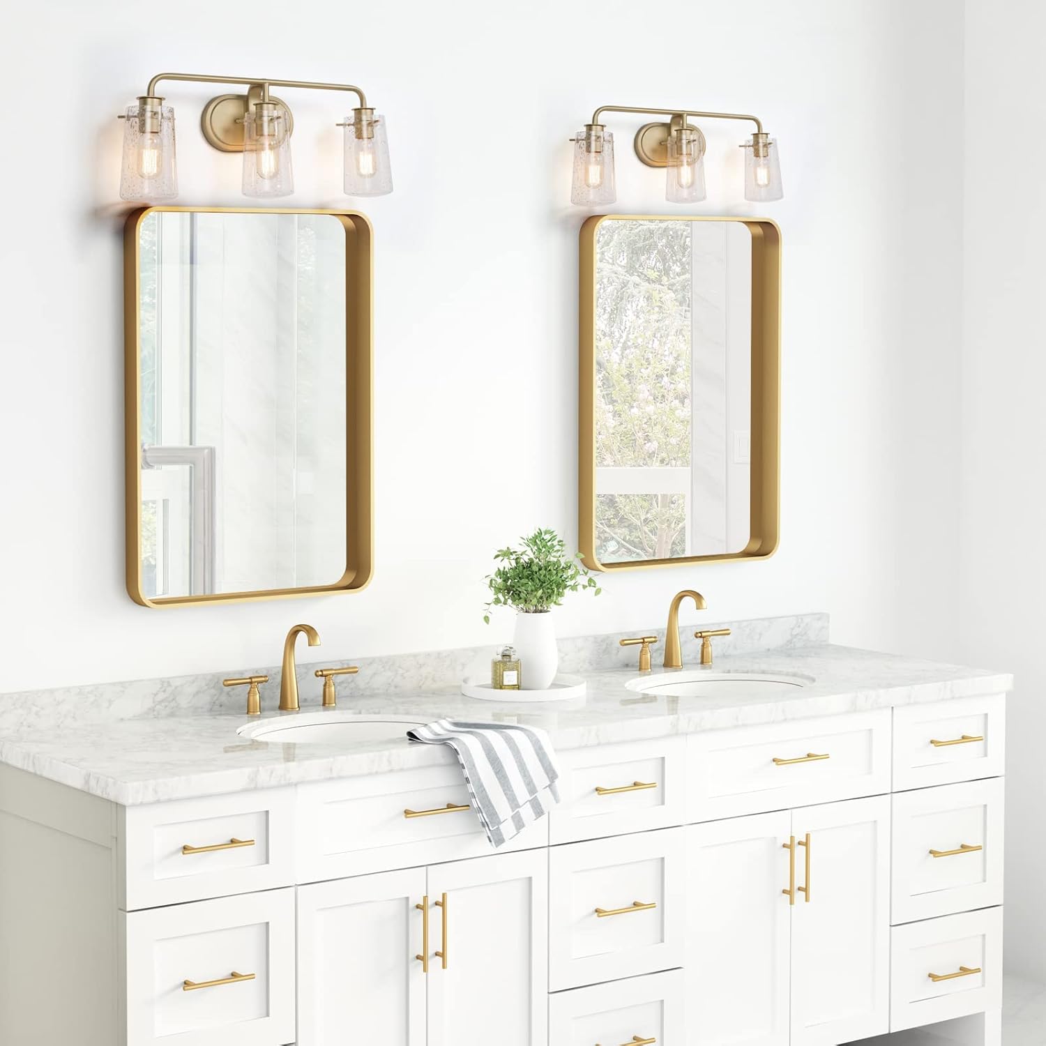 KSANA Gold Bathroom Light Fixtures, Modern Vanity Lights for Bathroom, 3-Light Bathroom Lights Over Mirror with Seeded Glass Shade and Soft Gold Finish, 22.5’’ L x 5.5’ W x 9’’ H
