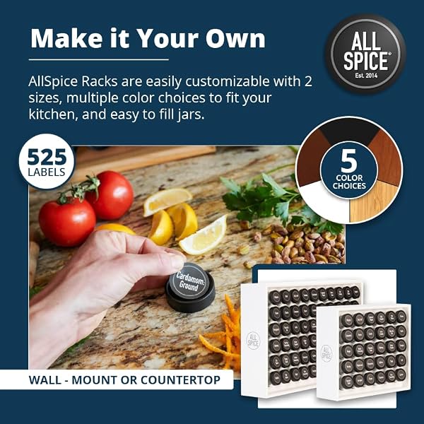 AllSpice Spice Rack Organizer, Wood, 525 Unique Labels, Countertop or Wall Mount, Includes 30 4oz Jars- Matte White by AllSpice - Used condition - Image 4