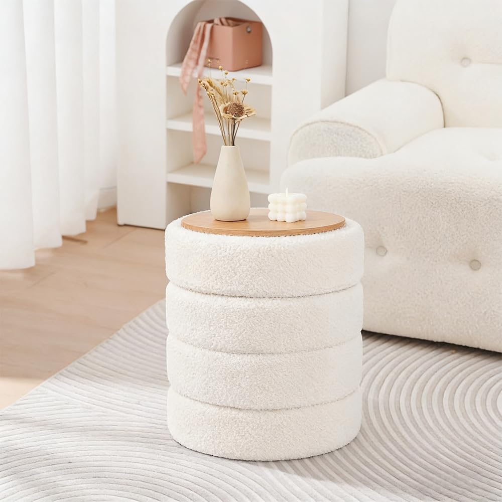 Taburete Redondo de Bouclé Blanco con Almacenaje y Tapa Reversible – Puff Multifuncional para Tocador, Salón, Dormitorio y Habitación Infantil