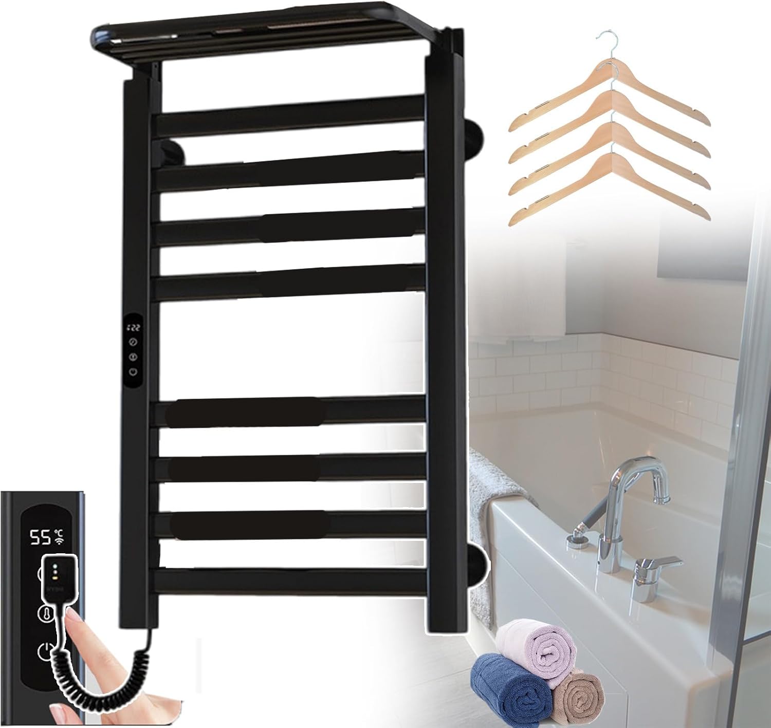 Electric Towel Warmer Rack,Heated Towel Rack w/Timer,Warming Towel Racks w/Adjustable Temperature,Heating Towel Radiator for Clothes,Underwear,Sock,Pillow,Black