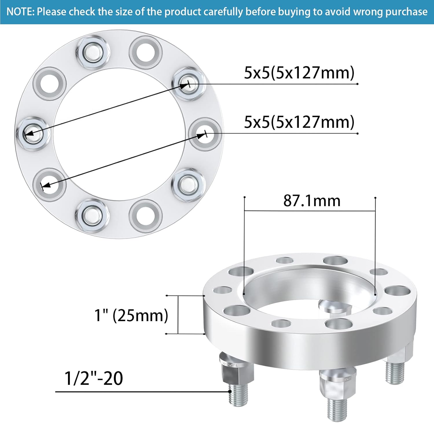 Buy 1 get 1 HHCSOP 5x5 to 5x5 Wheel Spacers 1 inch for Jeep 1999-2010 Grand Cherokee 2007-2016 Wrangler 2006-2010 Commander, 5x127 Wheel Adapters 25mm Thick 87.1mm Hub Bore with 1/2 Studs, Set of 2