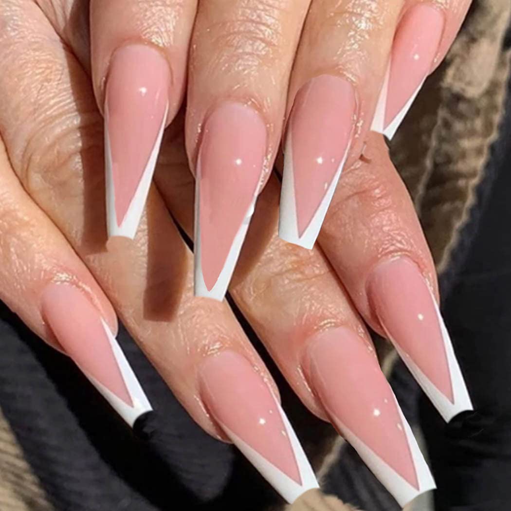 picture Coffin Long Thin French Tip Acrylic Nails buy outyua french press on nails extra