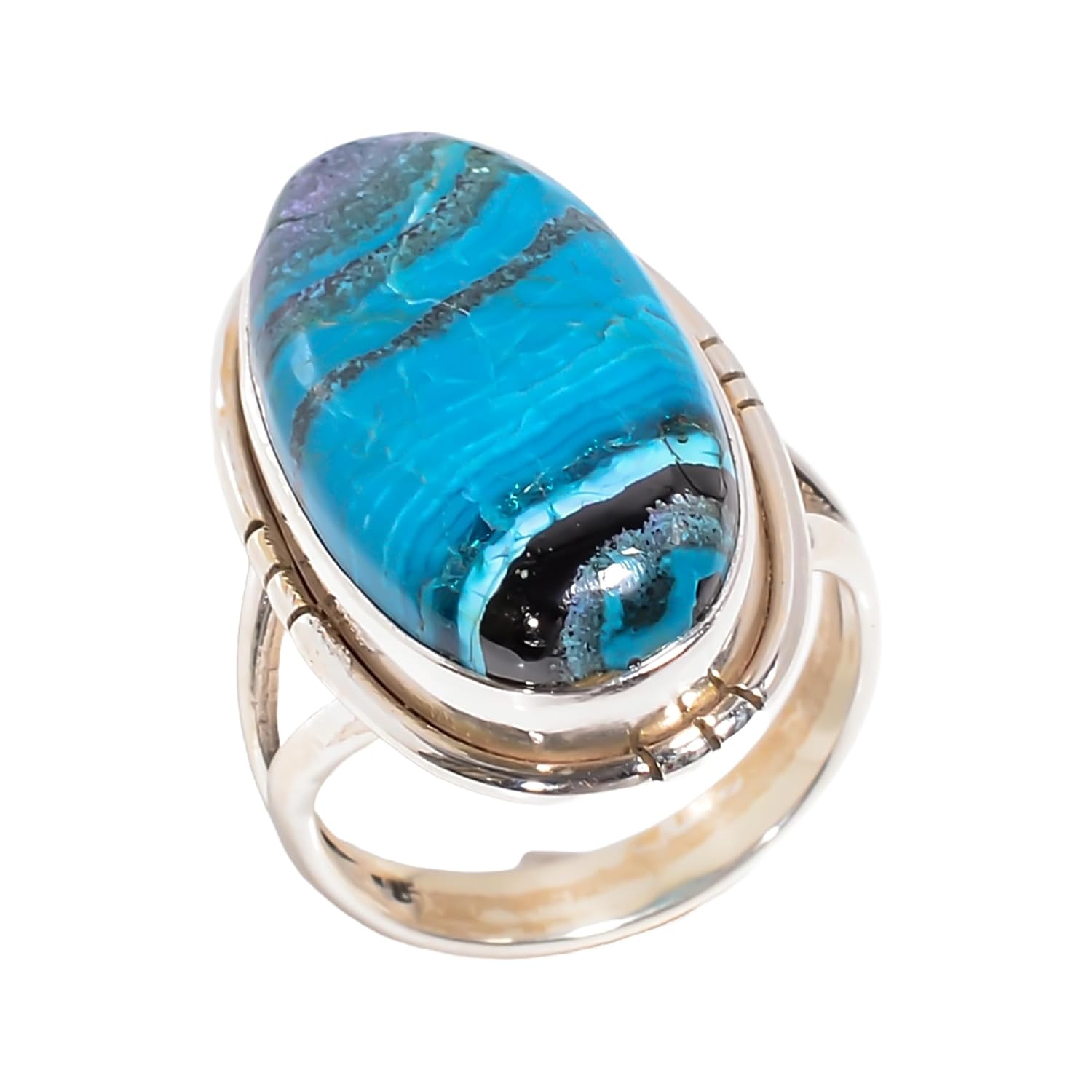 Natural Chrysocolla Malachite Oval Cabochon Ring 925 Sterling Silver Bohemian Statement Ring Valentine Gift Her