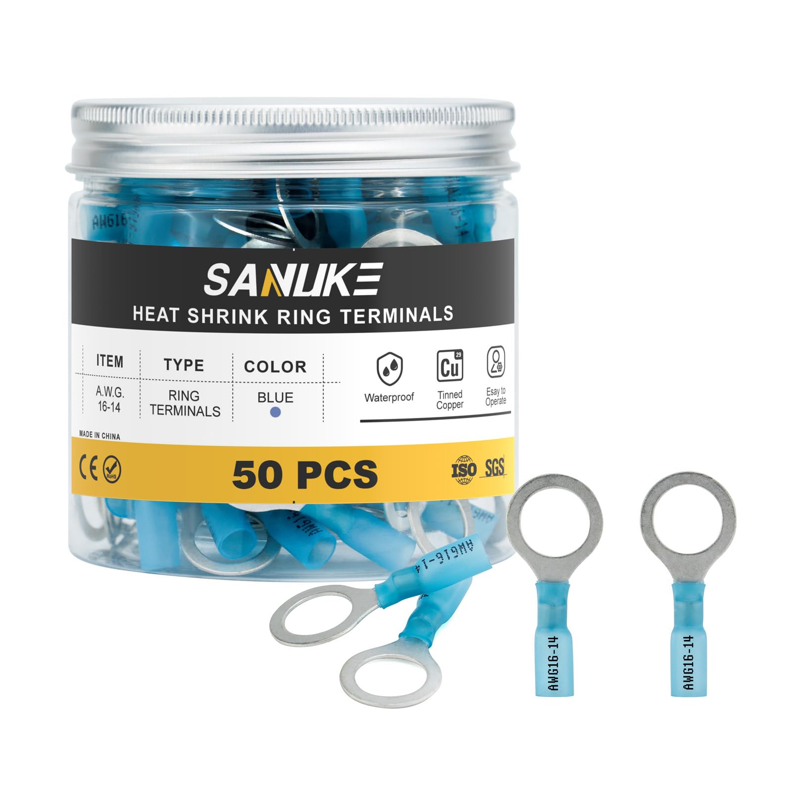 SanukeSanuke 50pcs 16-14 AWG Blue 1/2" Heat Shrink Ring Terminals - Waterproof and Insulated Tinned Copper Wire Connectors - Marine Grade Terminal Connectors