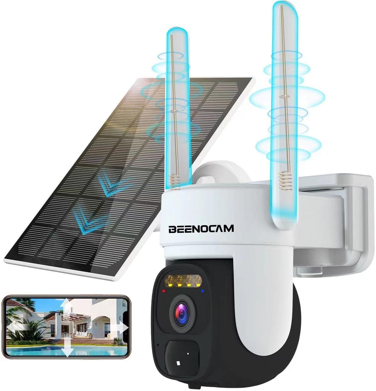 BEENOCAM 2K 5DBi Solar Security Camera Outdoor Wireless Battery Powered WiFi 360° PTZ Camera 3MP Camera for Home Security with Spotlight Siren,Motion Detection,Night Vision,Two Way Audio,IP66