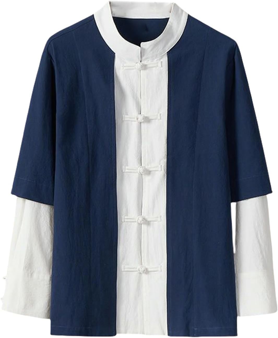 SOFTPEAK Men's Spring Autumn Retro Chinese Style Cotton Linen Color Block Fake-Two Piece Stand Collar Frog Button Shirt