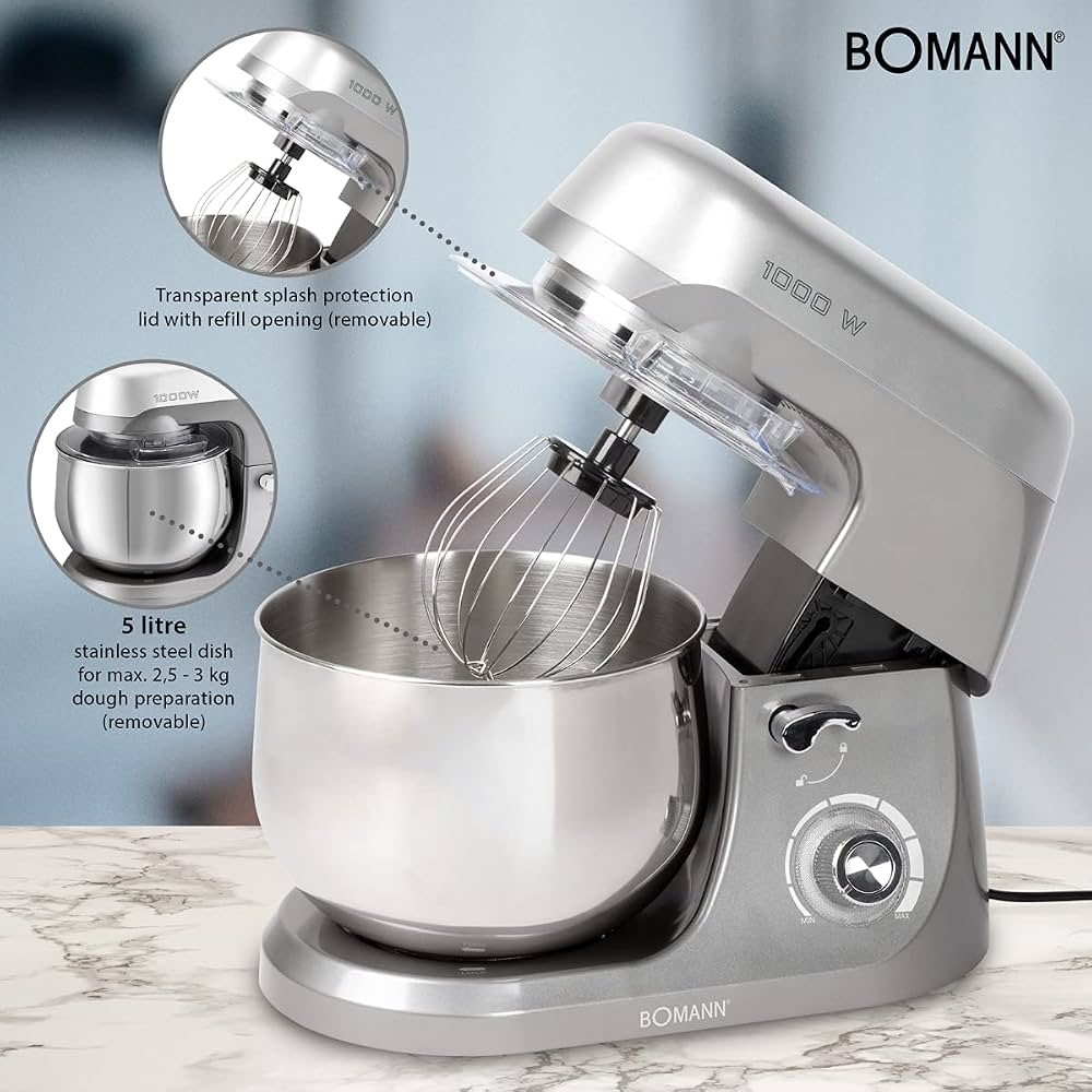 Robot Pétrisseur Bomann KM6009CB 1000W - Bol 5L, Accessoires Fouet/crochet, Couvercle Anti-éclaboussures, Couleur Titane