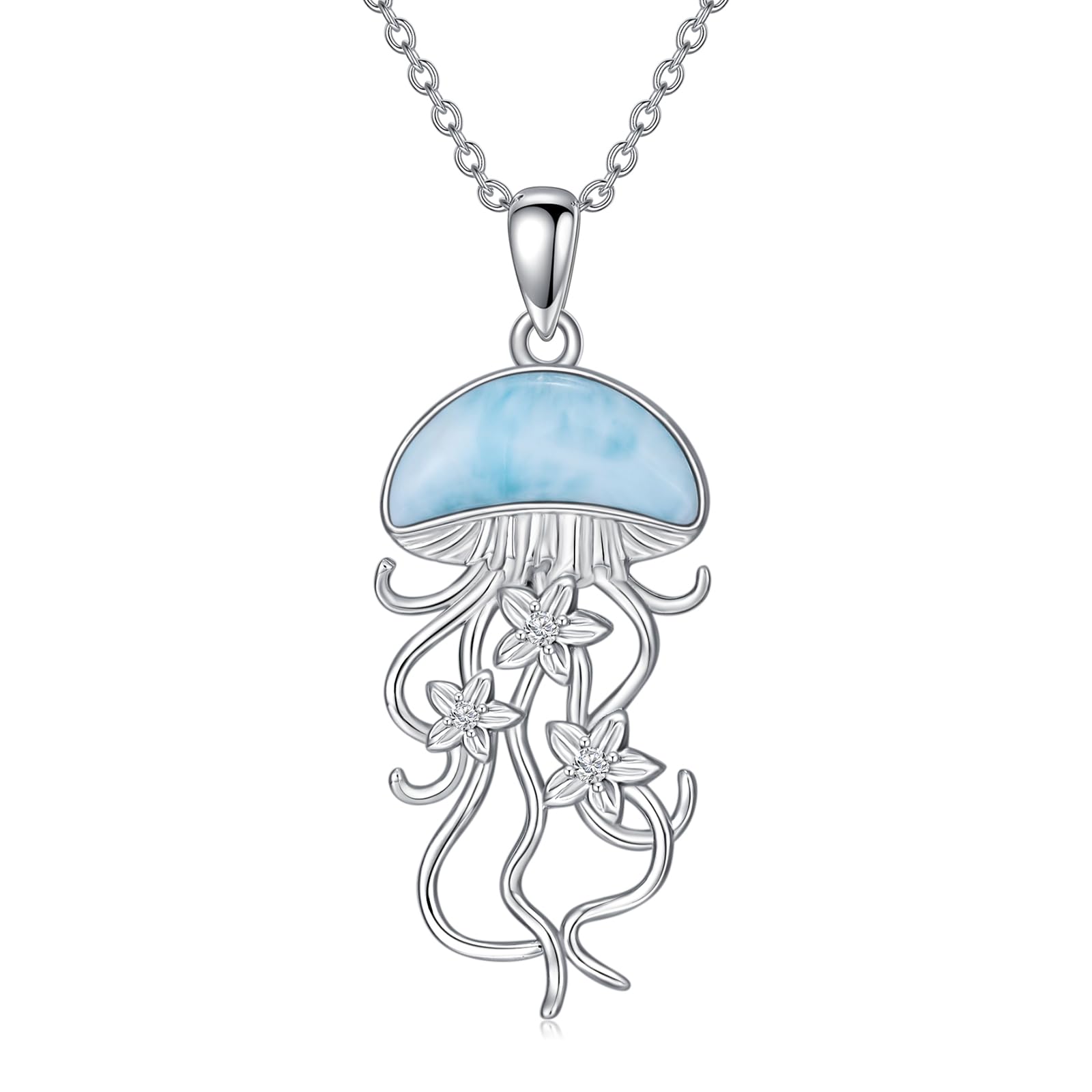 Reaii Natural Larimar Jellyfish Necklace for Women 925 Sterling Silver Jellyfish Pendant Ocean Jellyfish Necklaces Hawaiian Ocean Jewelry Gifts for