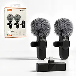 Kit 2 unidades Microfone de Lapela, Lapela Sem Fio Duplo com Redutor de Ruído e Wind Shield Profissional para Vídeos de Gravação Externa ou Interna- Conector USB-C