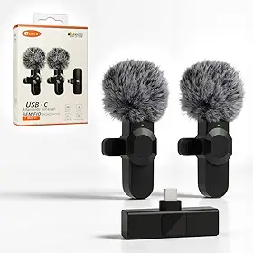 Kit 2 unidades Microfone de Lapela, Lapela Sem Fio Duplo com Redutor de Ruído e Wind Shield Profissional para Vídeos de Gravação Externa ou Interna- Conector USB-C