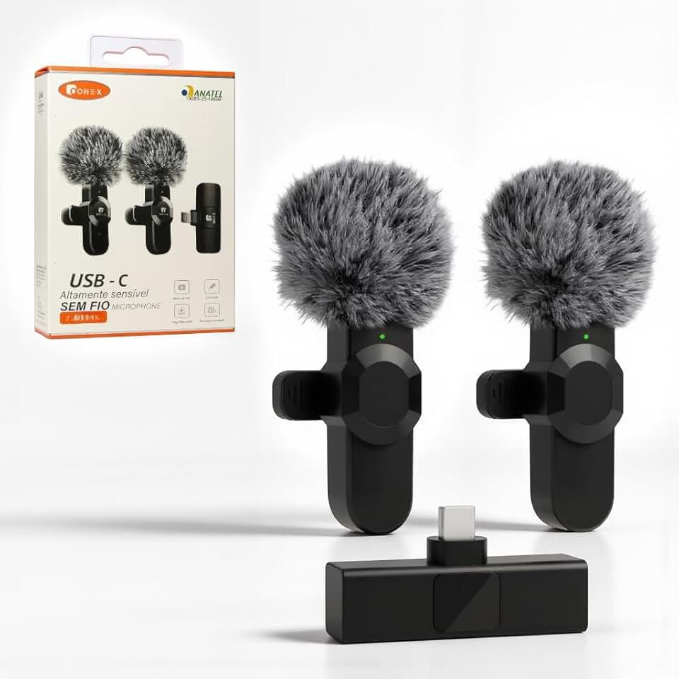 Kit 2 unidades Microfone de Lapela, Lapela Sem Fio Duplo com Redutor de Ruído e Wind Shield Profissional para Vídeos de Gravação Externa ou Interna- Conector USB-C