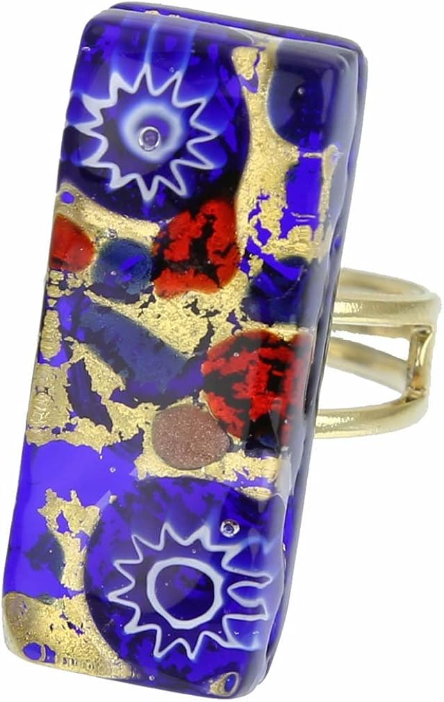 Glass Of Venice Murano Glass Venetian Reflections Rectangular Adjustable Ring - Blue Red, Blue,Gold,Red - Image 3