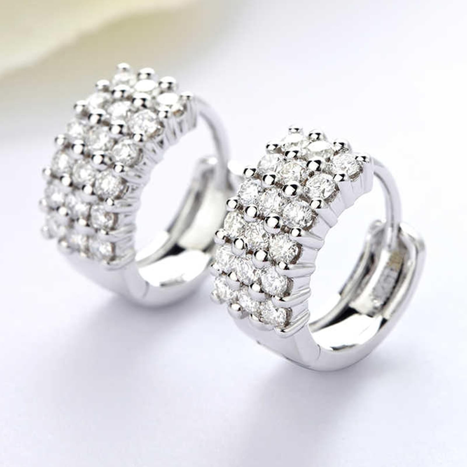 Epinki Creole Hoop 9K/14K/18K białe złoto, 3 rzędy damskich kolczyków na sztyfcie z diamentem (okrągły szlif, biały), kolczyki damskie 18/14/9-karatowe złoto, prawdziwa biżuteria,