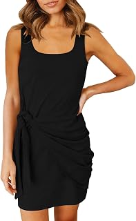 NHNKB Women's Summer Dress Winter Dress Sleeveless Dress Shirt Neck Mini Square Waist Tie Casual Summer T Colour Dress Ruffled Soild Tank Women Casual Dress Beach Dress Kimono, black, L