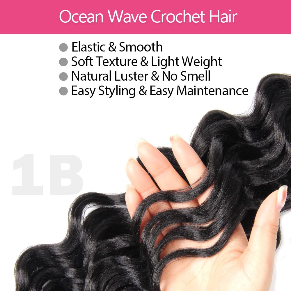 Ocean Wave Crochet Hair 18 Inch 8 Packs Soft Water Wave Crochet Braids Synthetic Black Wavy Braiding Hair Extensions (1B)