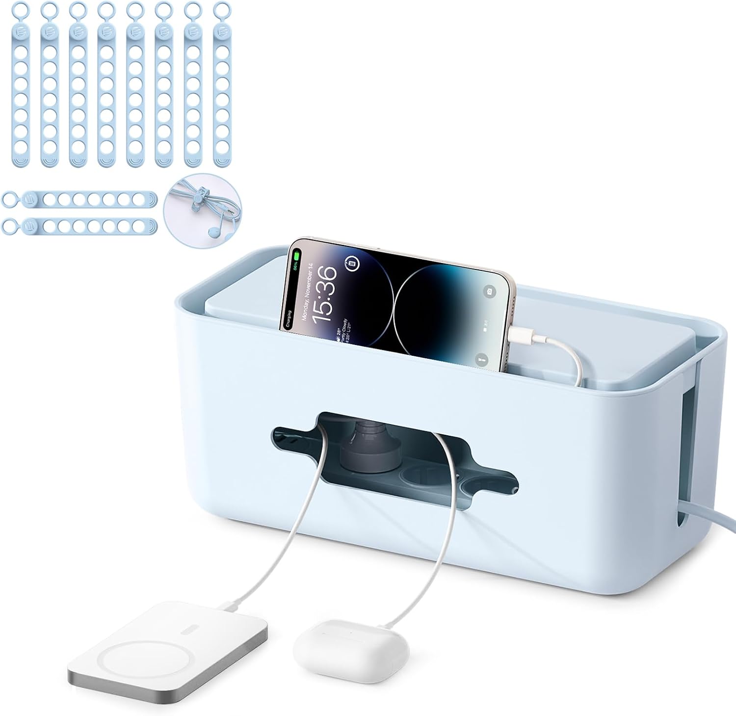 ORICO Cable Management Box with Silicone Cable Ties, Cord Hider Box to Conceal Power Strips on Desk or Floor, Data Cable Organizer Reusable with Locking Buckle Design,Keeping Cords Tidy and Protected