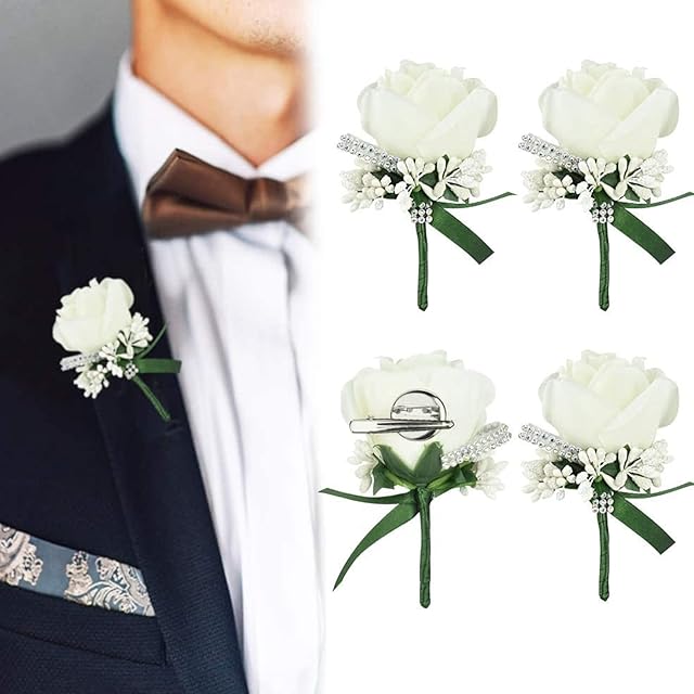 4 PCS Rose Wedding Boutonniere, White Boutonniere Handmade Corsage Boutonniere Buttonhole Flowers Artificial Wedding Prom Banquet Flowers Decor with Pin&Clip for Groom Men Bridal Women Suit Dress