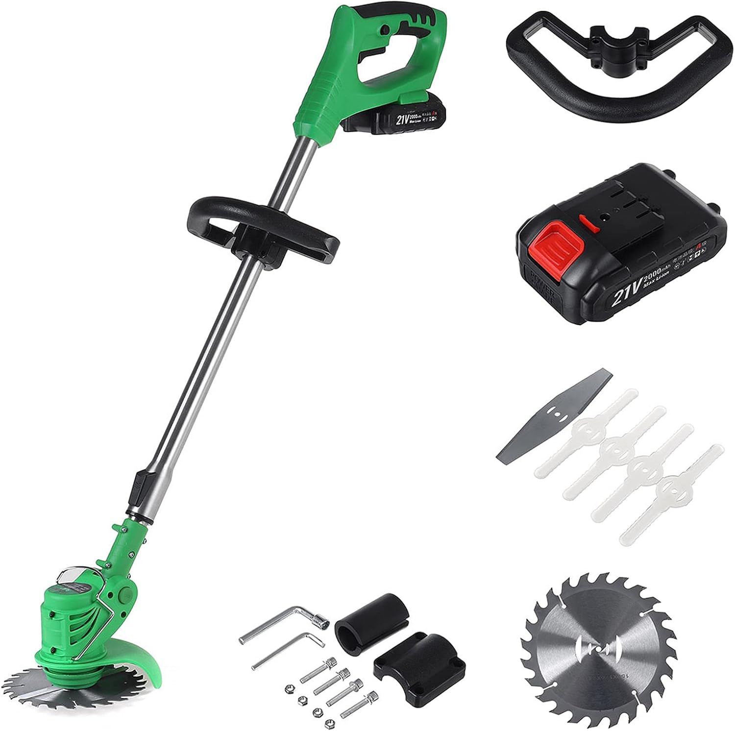 Suuim Cordless Grass Trimmer with all included accessories: main unit, battery, charger, auxiliary handle, plastic blades, steel blades, and circular saw blade.