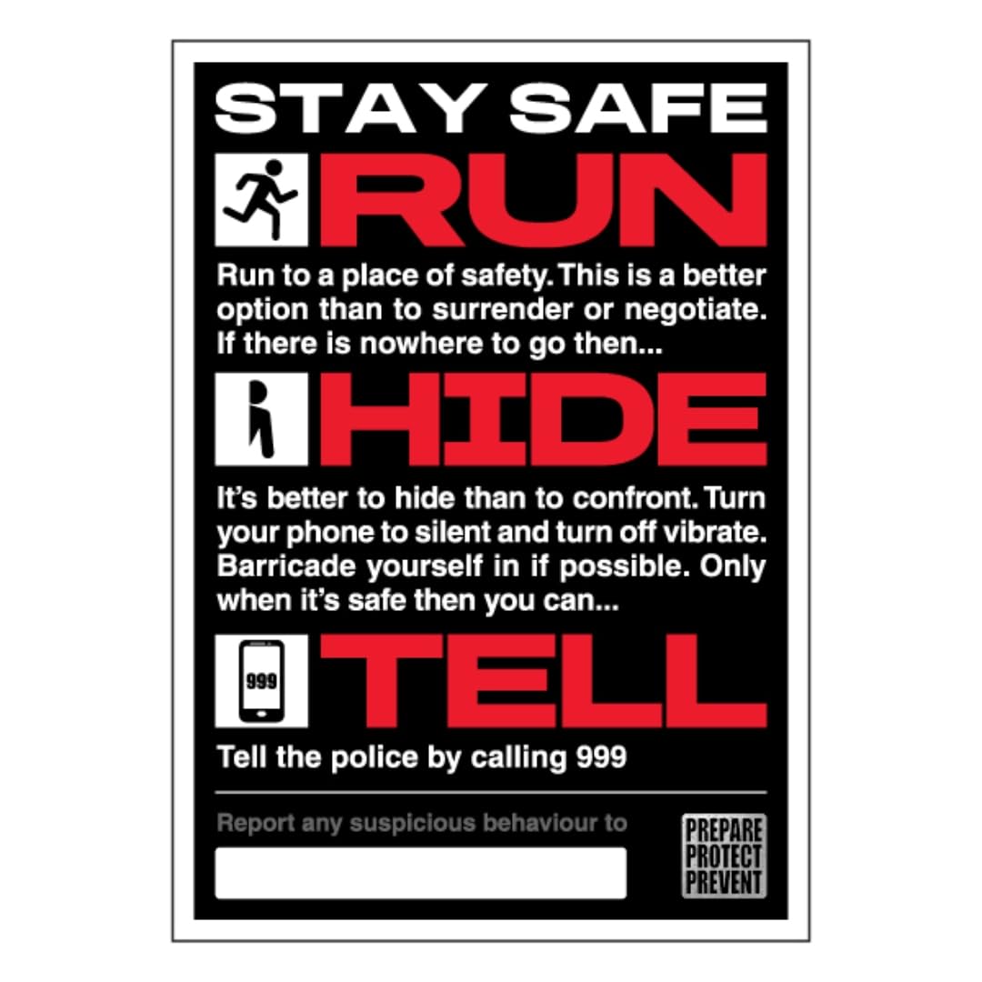 Bleedsave Run, Hide, Tell Poster - Stay Safe 297 x 420 mm (A3) - Standard 0.2mm Flexi-Plastic