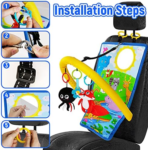 Car Seat Toys for Baby Infant 0-6 months, Black and White High Contrast Double-sided Car Seat Toys with Hanging Music, Mirror, Teether Baby Essential Car Toys, Easier Drive with Newborns&Babies