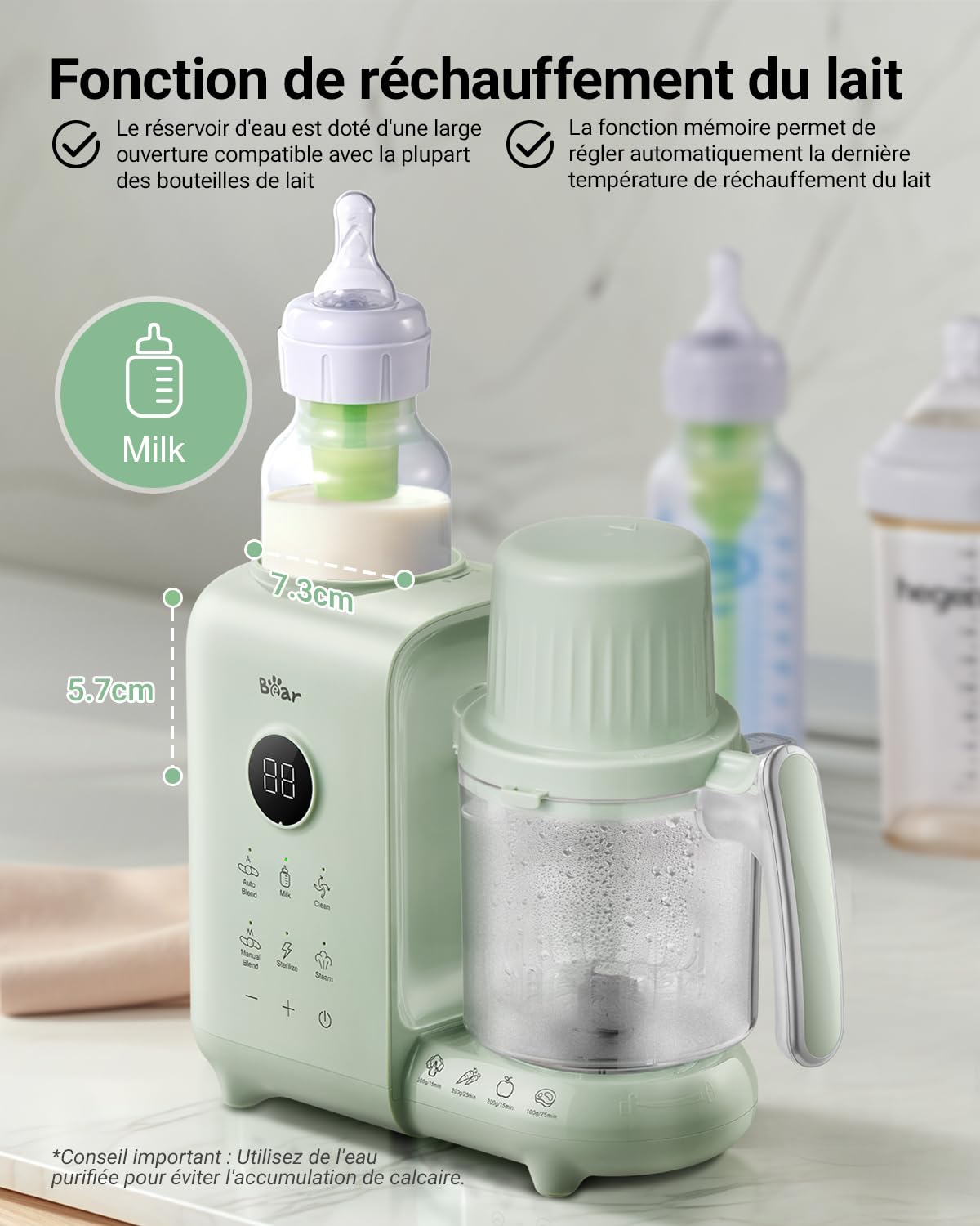 Bear Robot Cuiseur Mixeur Bébé avec Panier Vapeur 500ml,Robot Cuiseur Bebe Multifonctions Automatique Pour Purées Maison Sain,Désinfection,Fonction De Nettoyage Automatique,Sans BPA