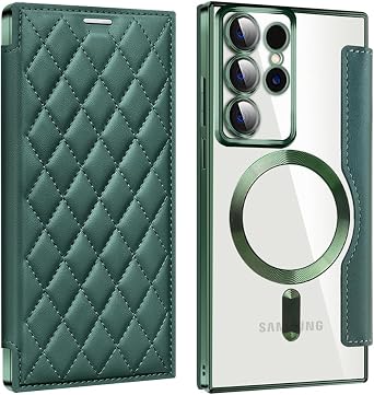 Case for Samsung Galaxy S23 Ultra,Elegant Rhombus Pattern Premium PU Leather Wallet Flip Case + TPU Magnetic Attraction Shell Wireless Charge Compatible Green