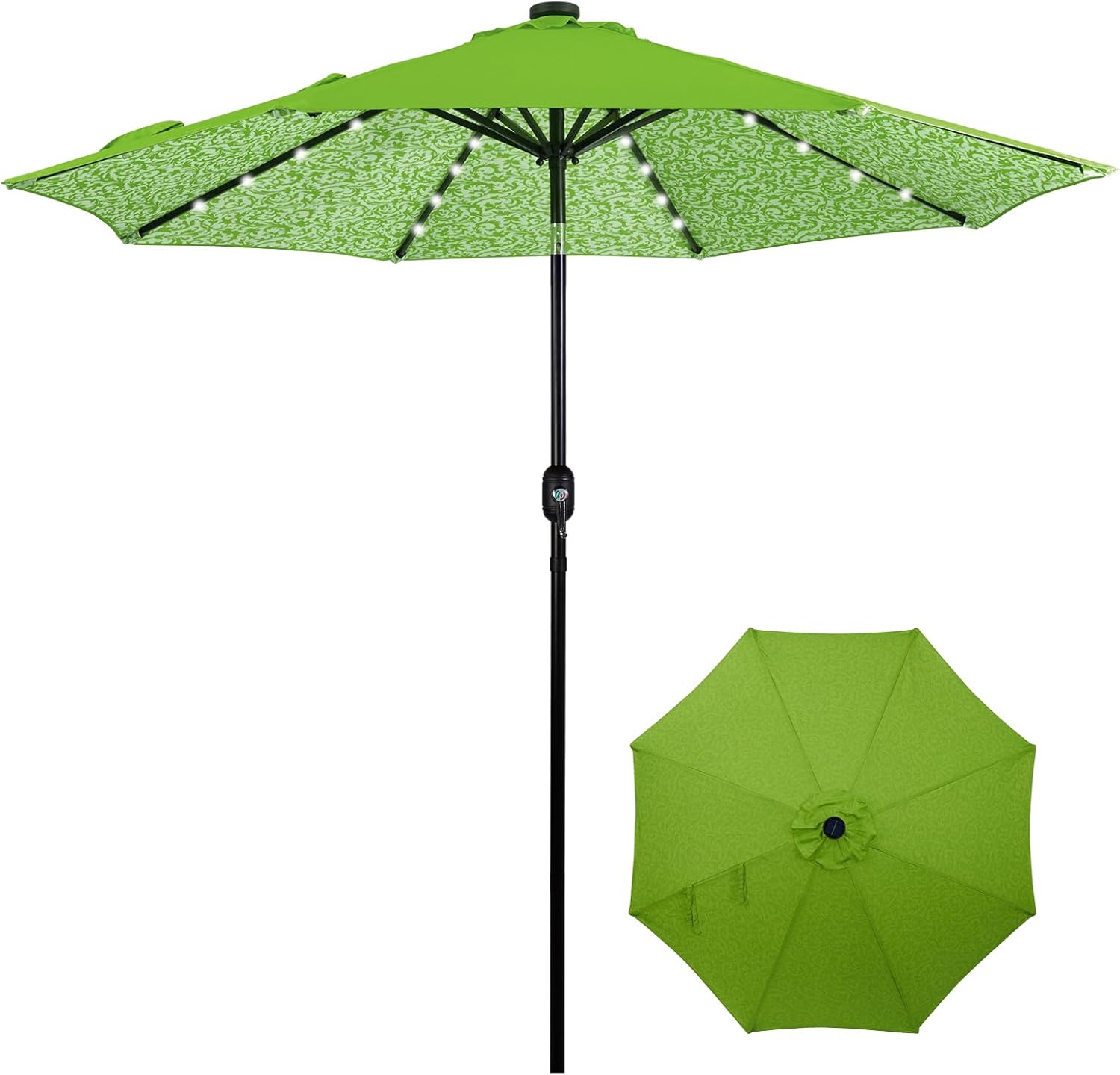 Backyard Expressions 9ft Solar Patio Umbrella with 32 LED Lights - Green Floral – Outdoor Market Umbrella with Tilt & Crank, Solar-Powered Lighting