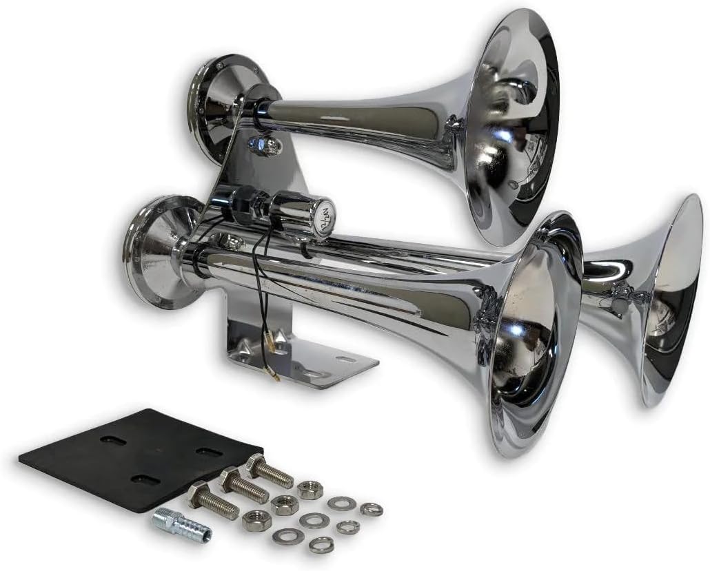 Fortpro 3 Round Chrome Trumpet Air Horn - 12/24 Volt Train horn for Trucks & Semi-Trucks | F224768