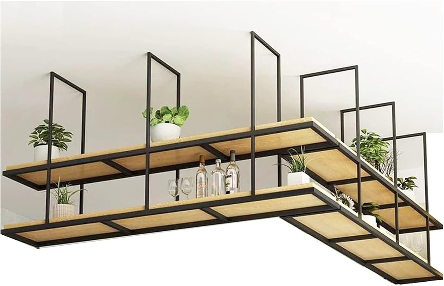 Ceiling Wine Glass Rack, Ceiling Shelf, Ceiling Hanging Floating Shelves, With Solid Wood Board And Iron Frame 2 Tiers Storage Rack(140x30x80cm)