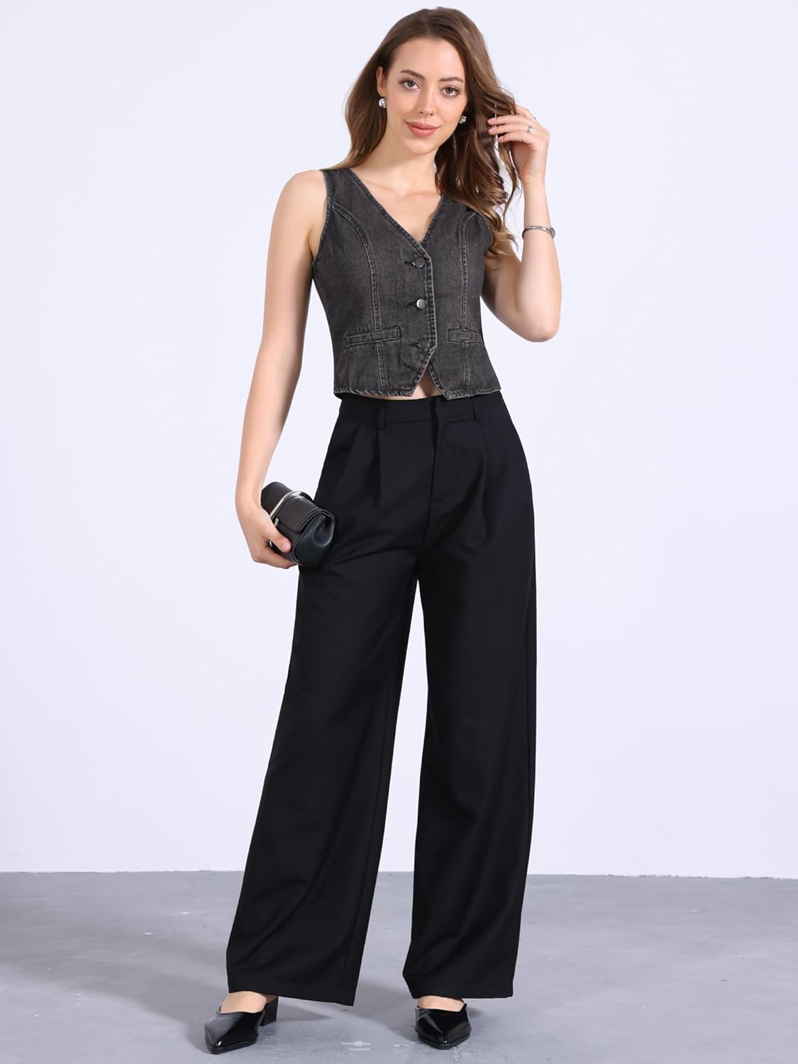 Allegra K Women's Denim Vest Waistcoat Button V Neck Western Casual Jean Sleeveless Crop Jacket - Image 3