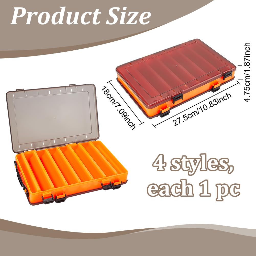 WEBEEDY Paquete de 4 cajas de señuelos de pesca de doble cara, caja de aparejos, 27,5 x 18 x 4,75 cm, plástico translúcido, almacenamiento de señuelos de pesca con hebilla para organizador de cebos de