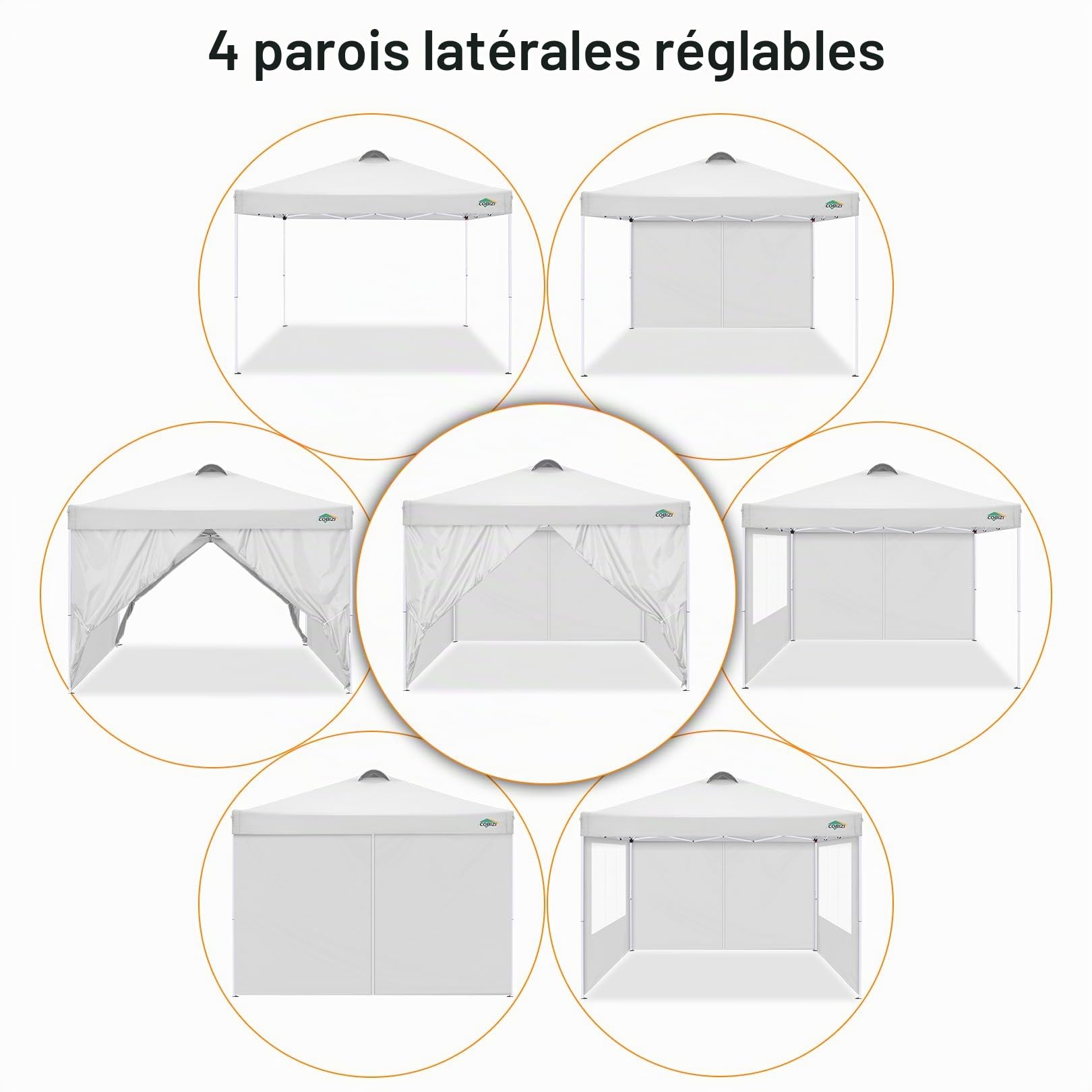 COBIZI Tonnelle de Jardin 3x3m Pliante Imperméable avec 4 Côtés Amovibles