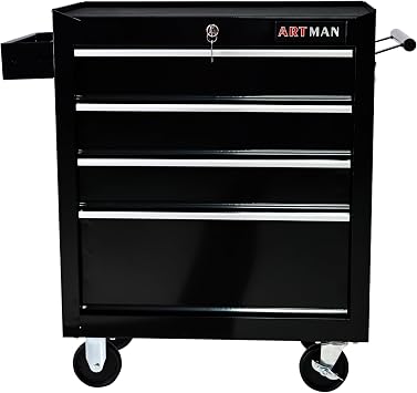 Multifunctional 4 Drawers Tool Cart Workshop Tool Trolley with Wheels, Lockable Tool Cabinet Tool Chest, Black