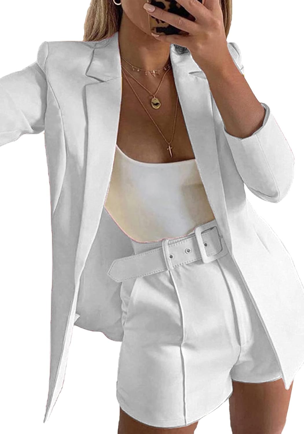 2 Piece Outfits for Women Long Sleeve Solid Open Front Blazer Shorts with Belt Casual Elegant Business Suit Sets