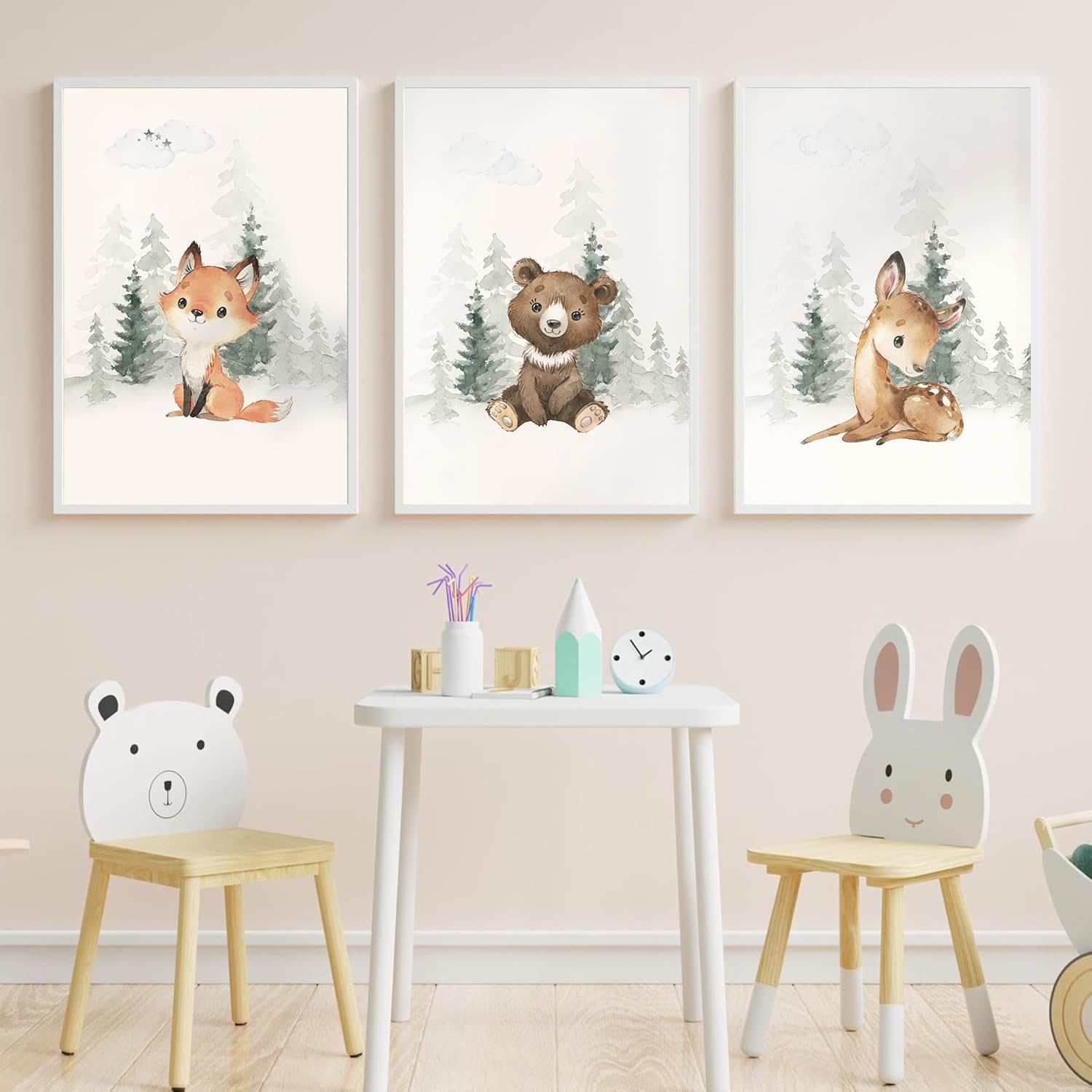 3Pcs Woodland Animal Nursery Wall Art Cute Forest Friend Animal Canvas Wall Decor Bear Fox Deer Posters Pictures Watercolor Wild Animals Forest Painting Prints for boys room girls room Unframed