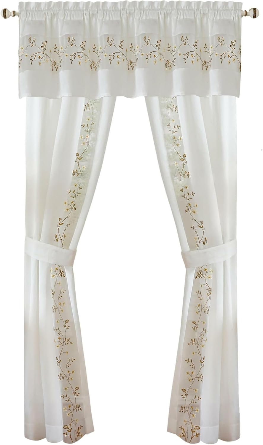 ACHIM Light-Filtering Window Curtain Set - 55 Inch Width, 63 Inch Length - Fairfield Window in a Bag 5 Piece Set (White) - Window Treatment Include Valance, Tiebacks & Split Panels Home Decor