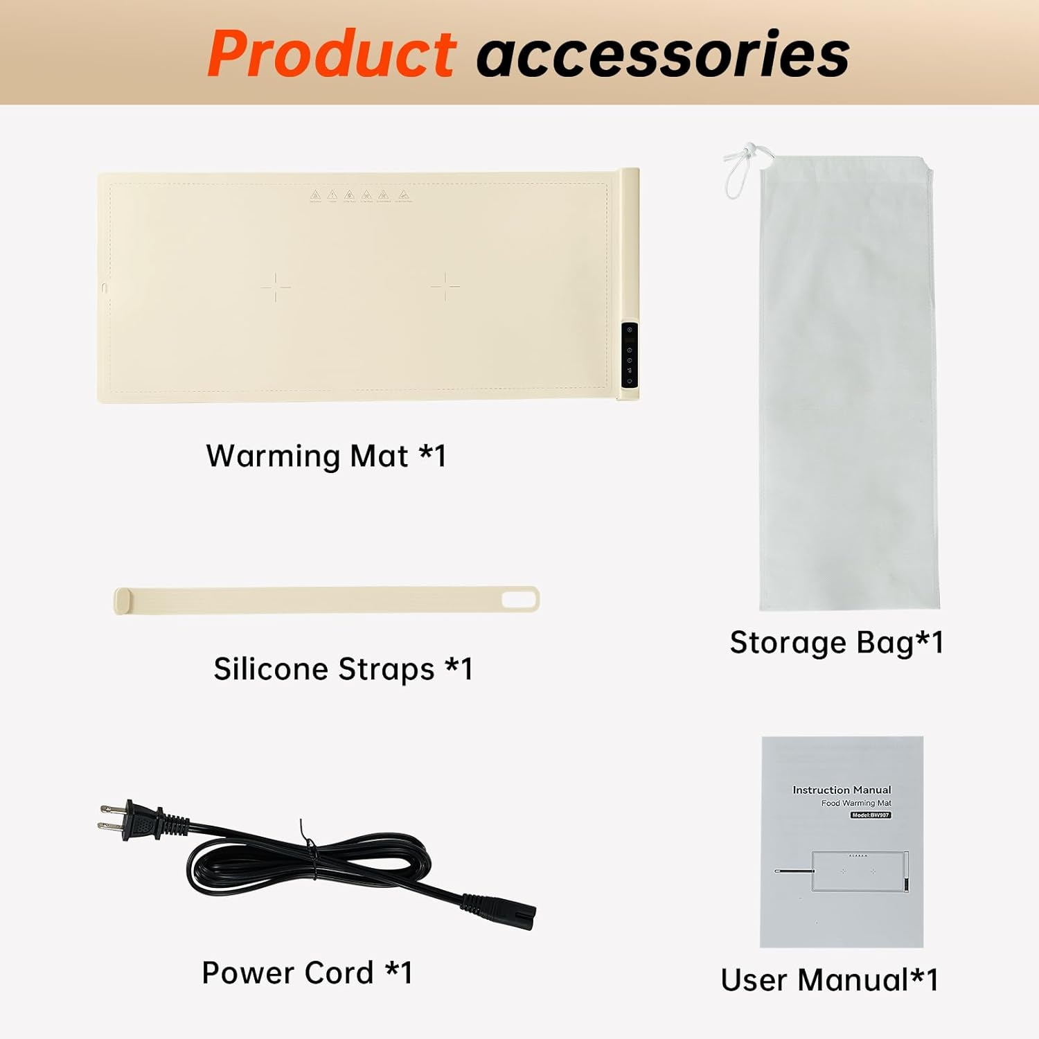 Contents of the BOMOVA warming mat package: warming mat, silicone straps, storage bag, power cord, and user manual.
