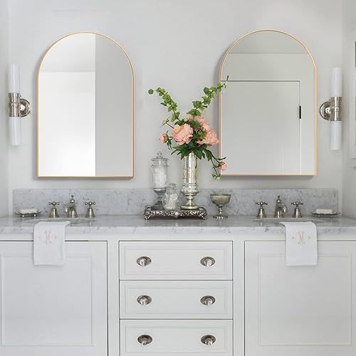 Miniatura 7 de Espejo de pared arqueado para baño, espejo arqueado de 20 x 30 pulgadas, espejo de pared con marco de metal, espejo de tocador dorado para