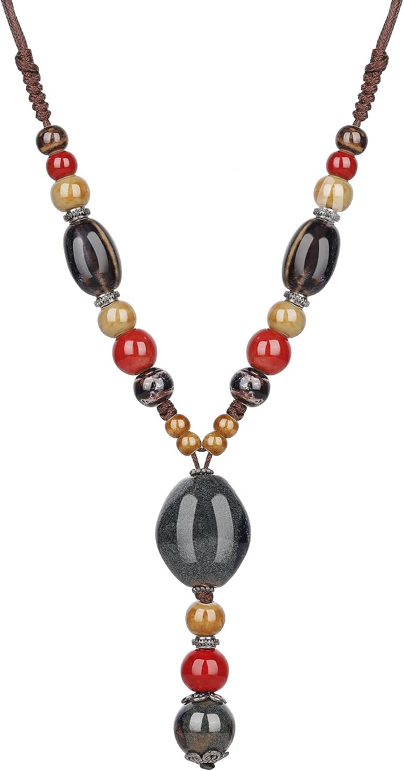 DS Boho Beaded Necklace for Women–Colorful Ceramic & African Tribal Beads, Adjustable Long Chunky Bohemian Jewelry with Gift Box Packaging,Hippie Witchy Vintage Handmade Fashion Statement Necklace