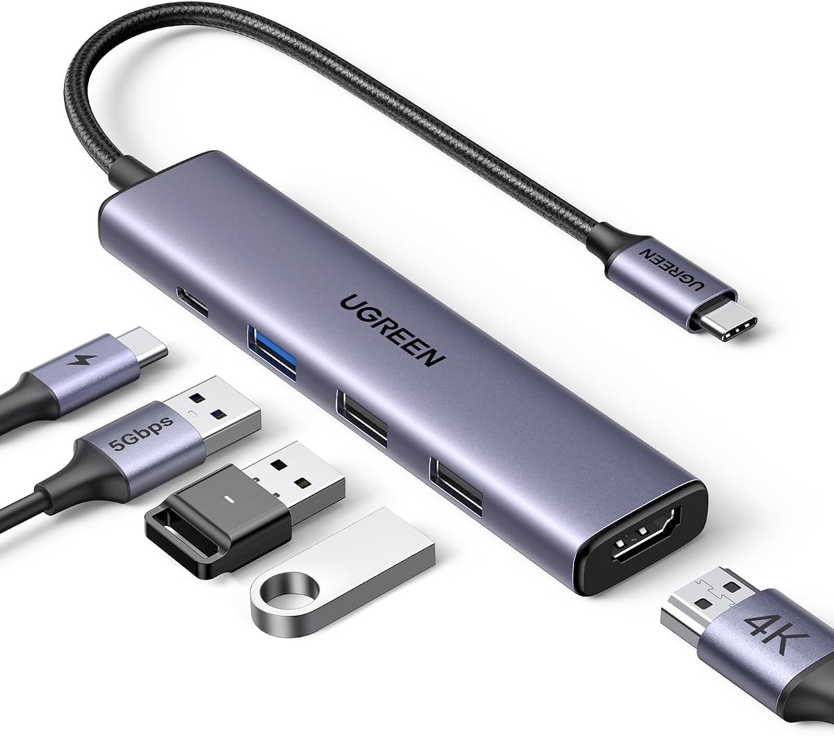 UGREEN Revodok USB C Hub 5-in-1, 4K HDMI Multiport Adapter, 100W Charging Port, 3 USB A 5Gbps Data Transfer, Compatible with MacBook Air/Pro, HP, ASUS, iPad Pro/Air, iPhone 17 Pro/Max, Gray